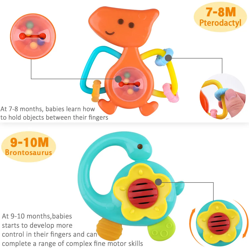 5 Pcs Dinosaur Baby Rattles Teething Sensory Toy