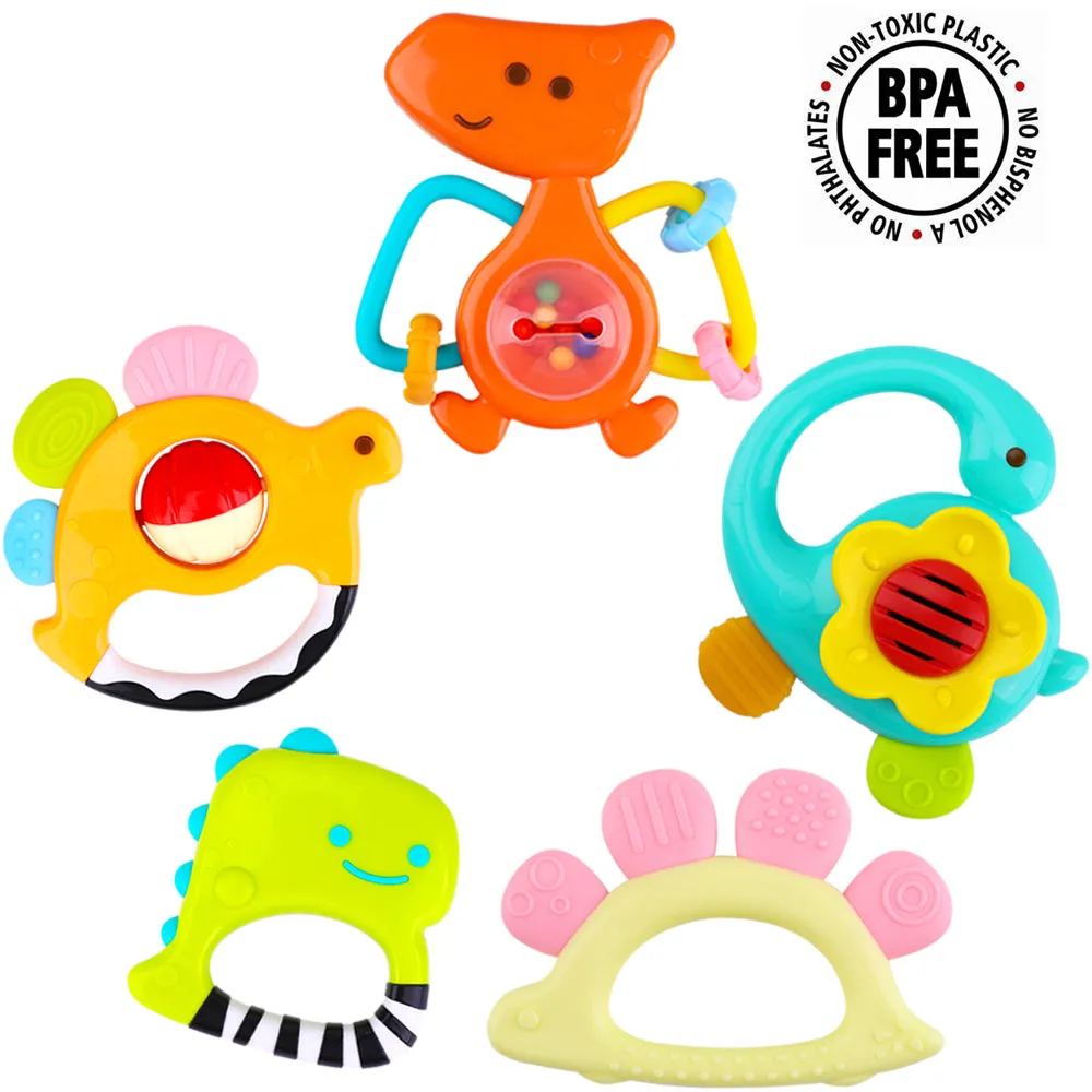 5 Pcs Dinosaur Baby Rattles Teething Sensory Toy