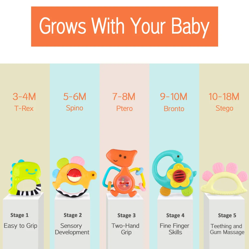 5 Pcs Dinosaur Baby Rattles Teething Sensory Toy