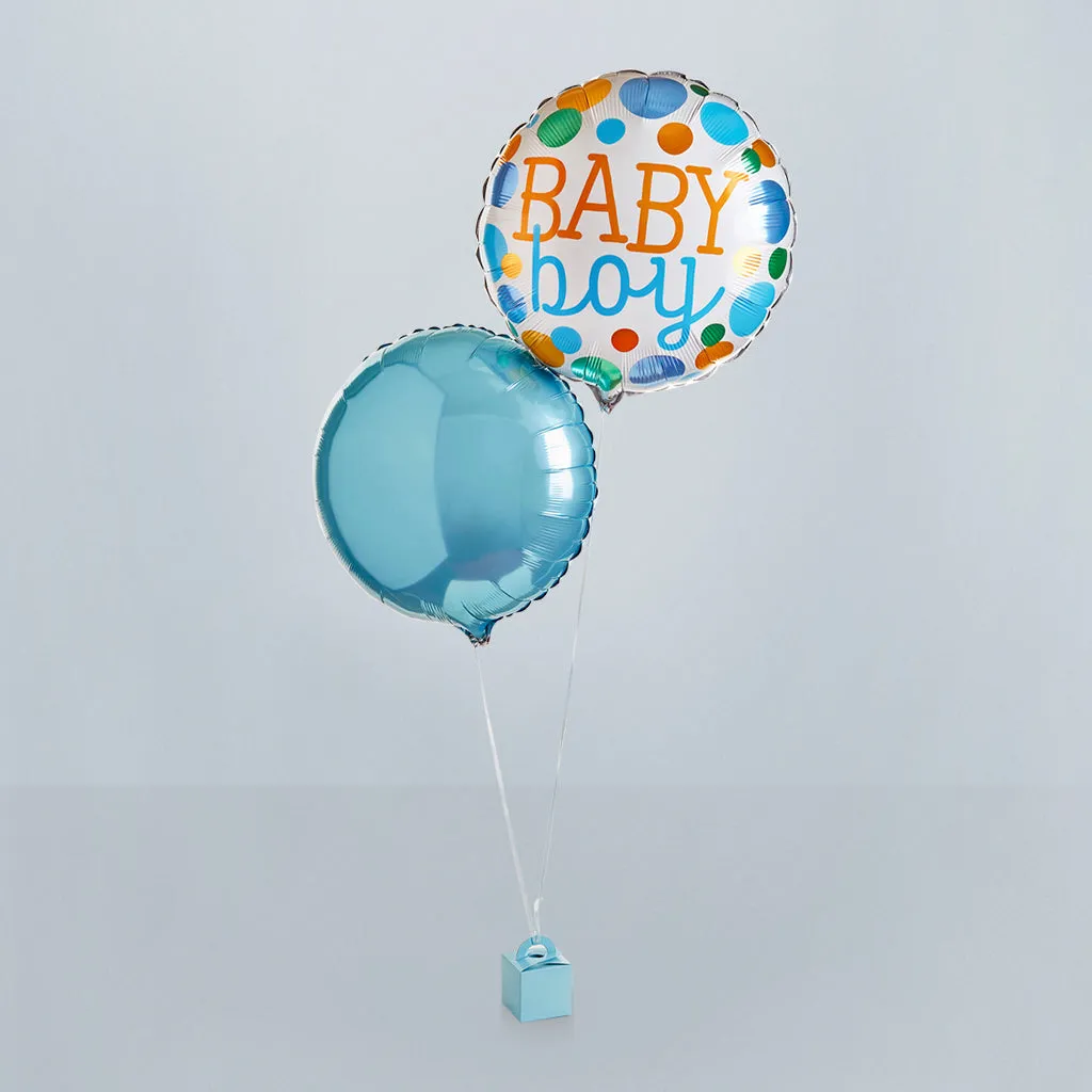 Baby Boy Balloons with Hand-Tied Baby Clothes Bouquet