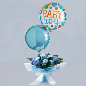 Baby Boy Balloons with Hand-Tied Baby Clothes Bouquet