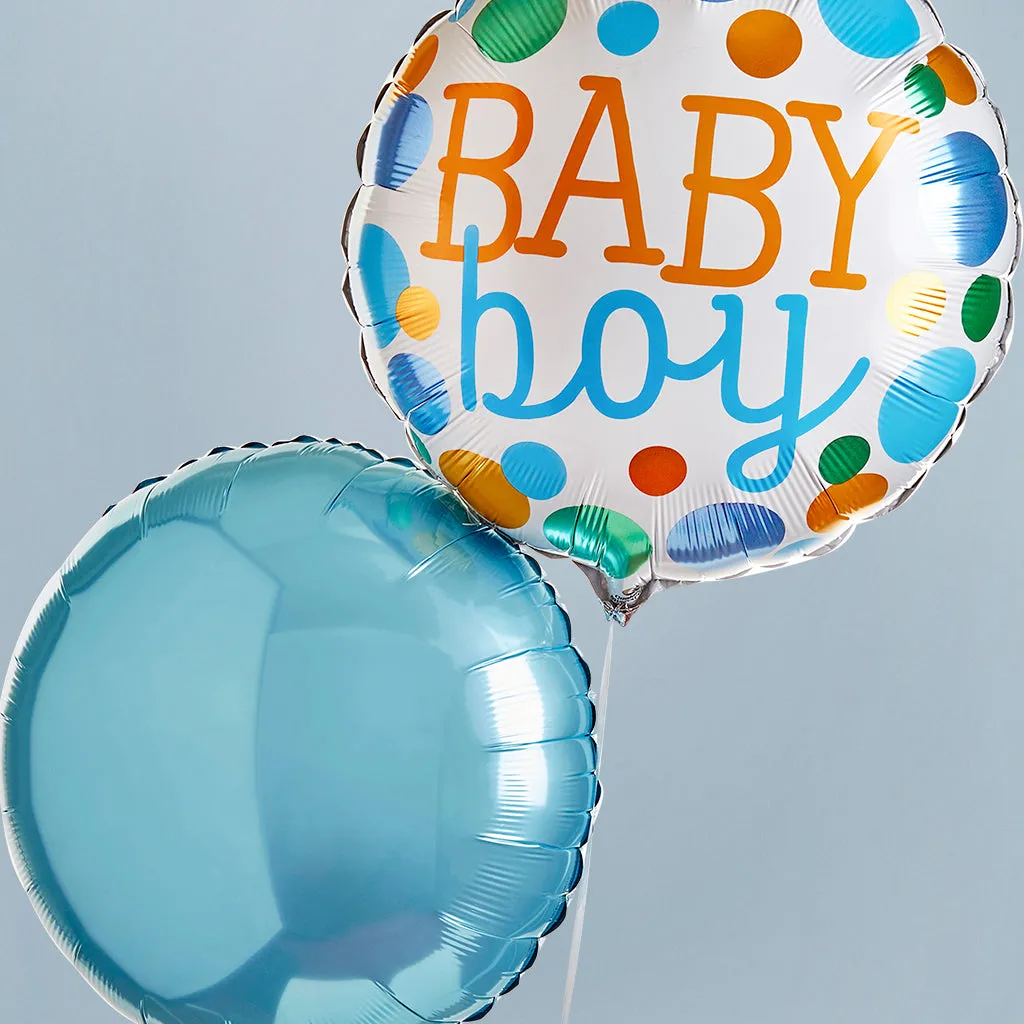 Baby Boy Balloons with Hand-Tied Baby Clothes Bouquet