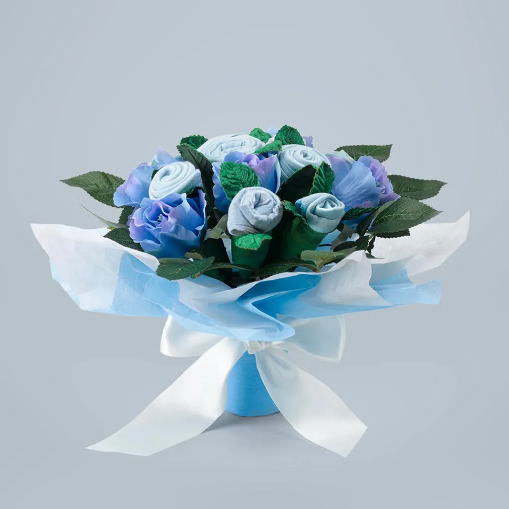 Baby Boy Balloons with Hand-Tied Baby Clothes Bouquet