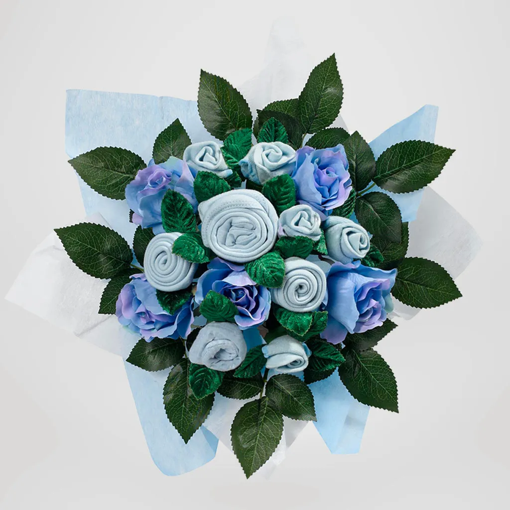 Baby Boy Balloons with Hand-Tied Baby Clothes Bouquet