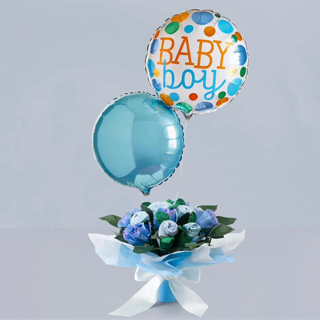 Baby Boy Balloons with Hand-Tied Baby Clothes Bouquet
