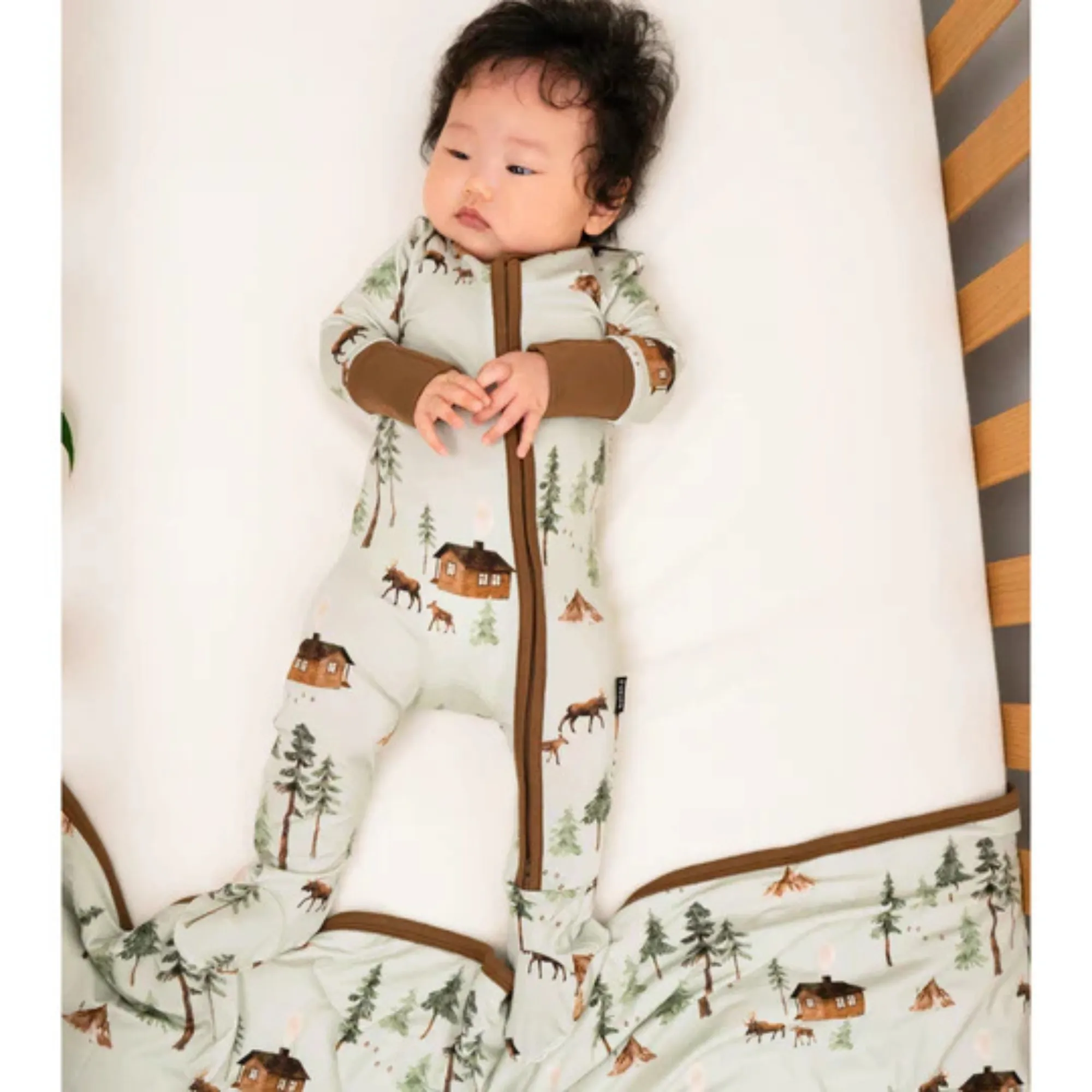 BELAN J Bamboo Footed Zipper Sleeper - Moose on Green