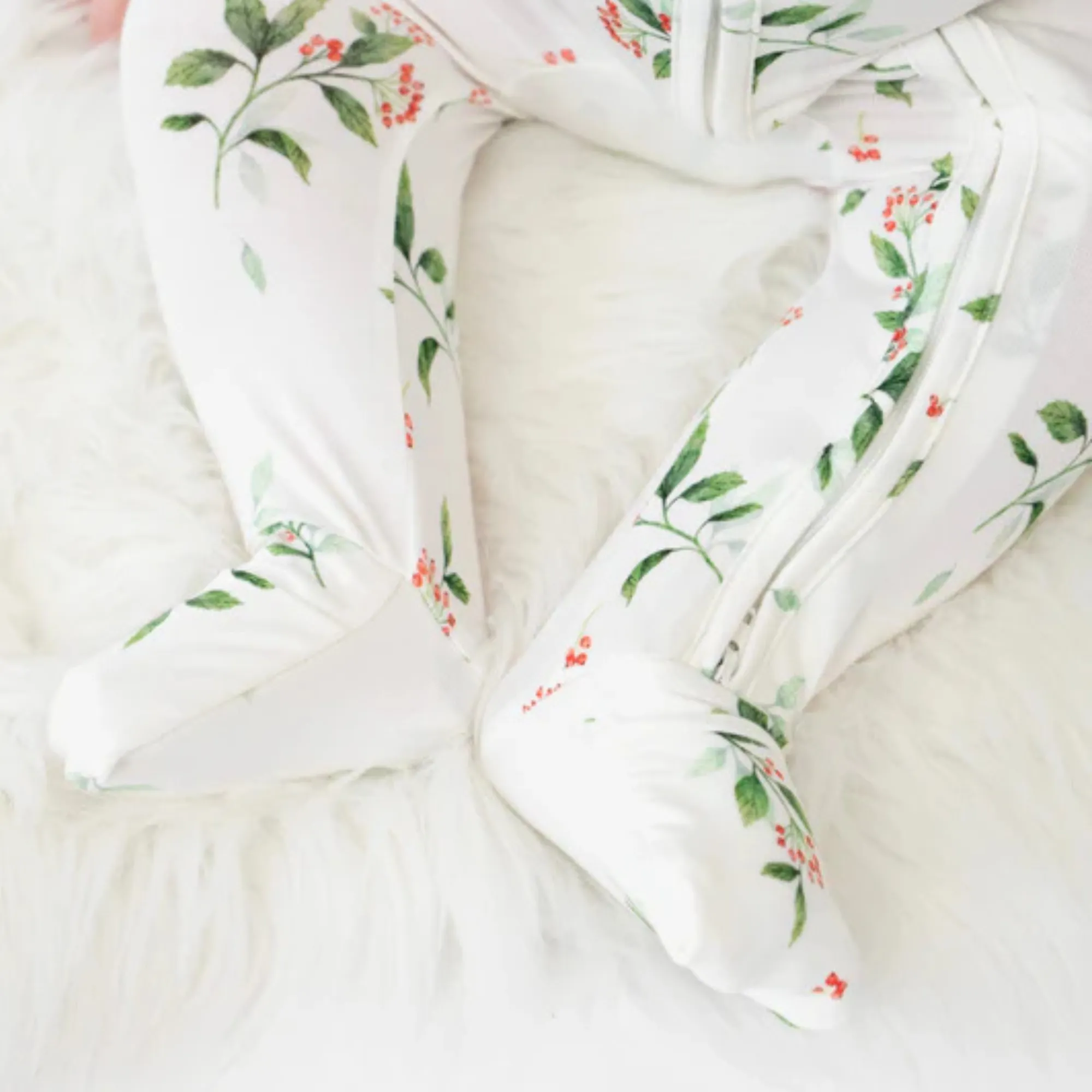 BELAN J Bamboo Footless Sleeper with Fold-Over Cuffs - Holly Berries