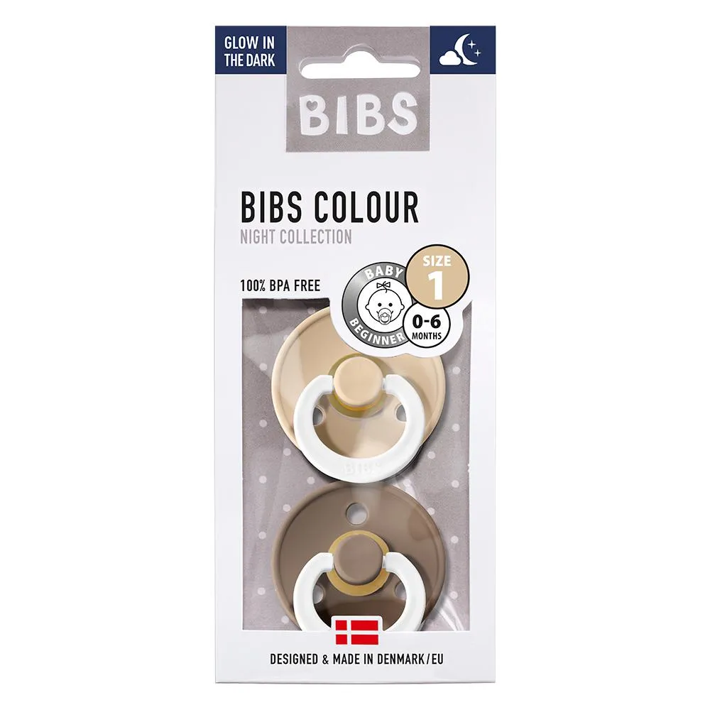 Bibs Glow Night Soother / Pacifier,2 Pack,Vanilla/Dark Oak