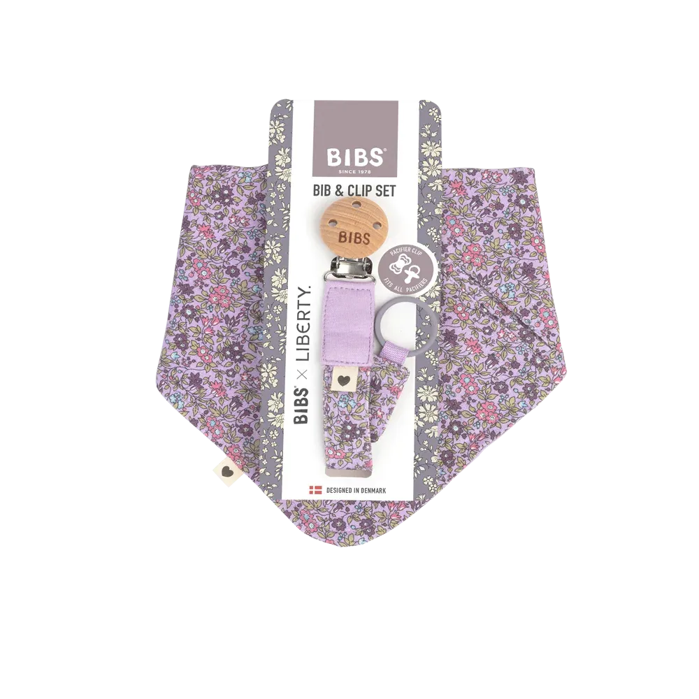 BIBS X LIBERTY, Bib & Clip Set, Chamomile Lawn Violet Sky