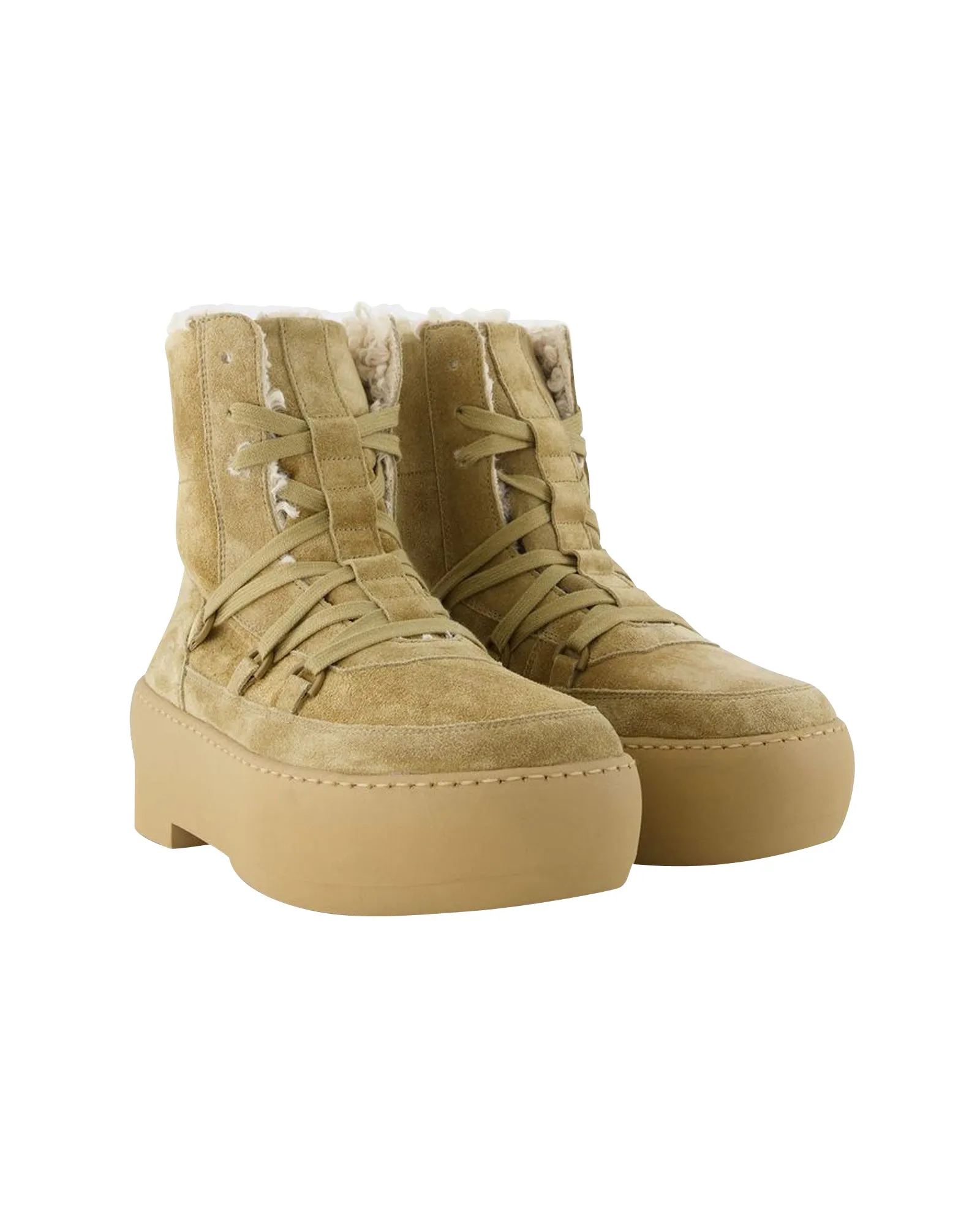 Chunky Sole Lace-Up Boots in Beige Leather