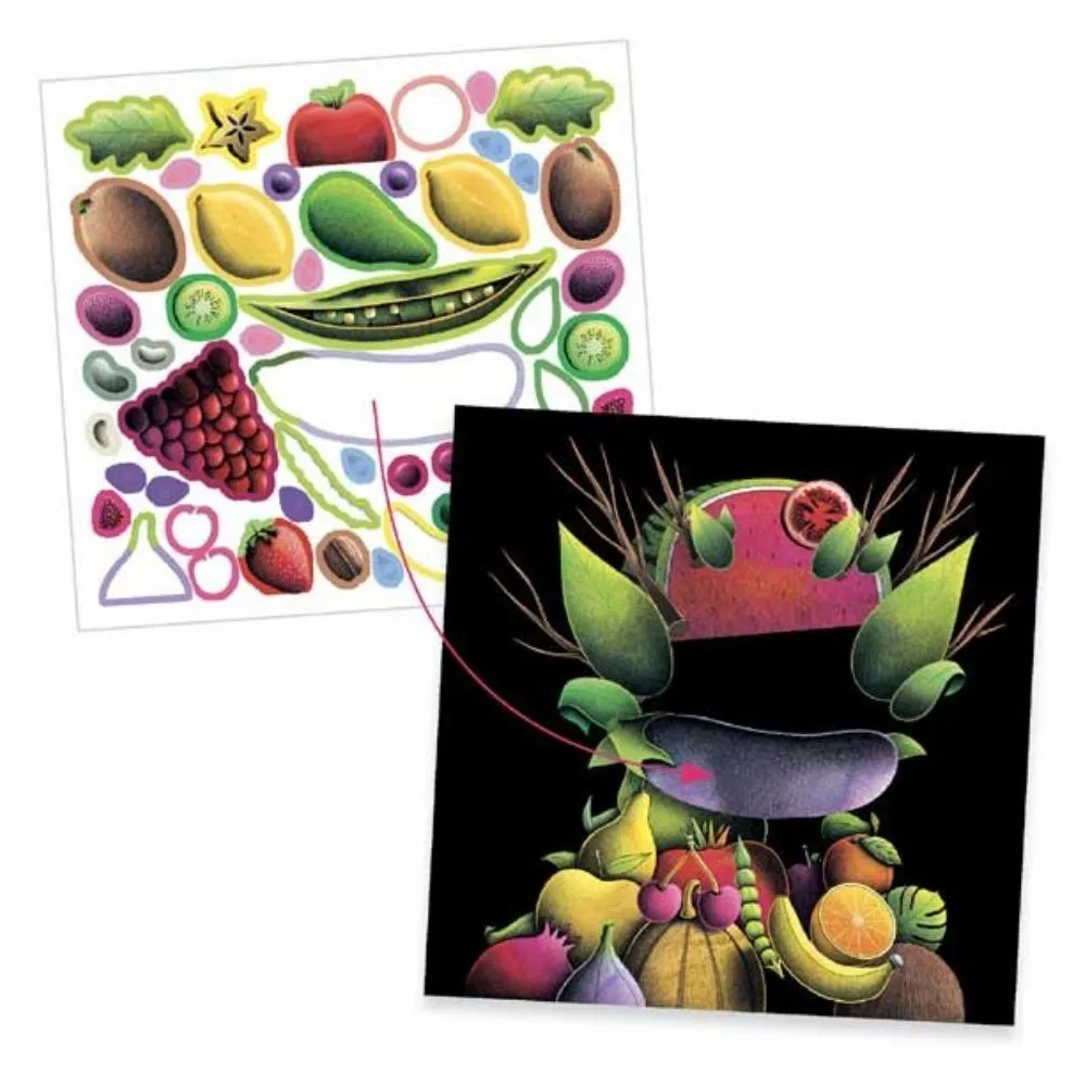 Djeco inspired by Arcimboldo spring vegetables collage activity