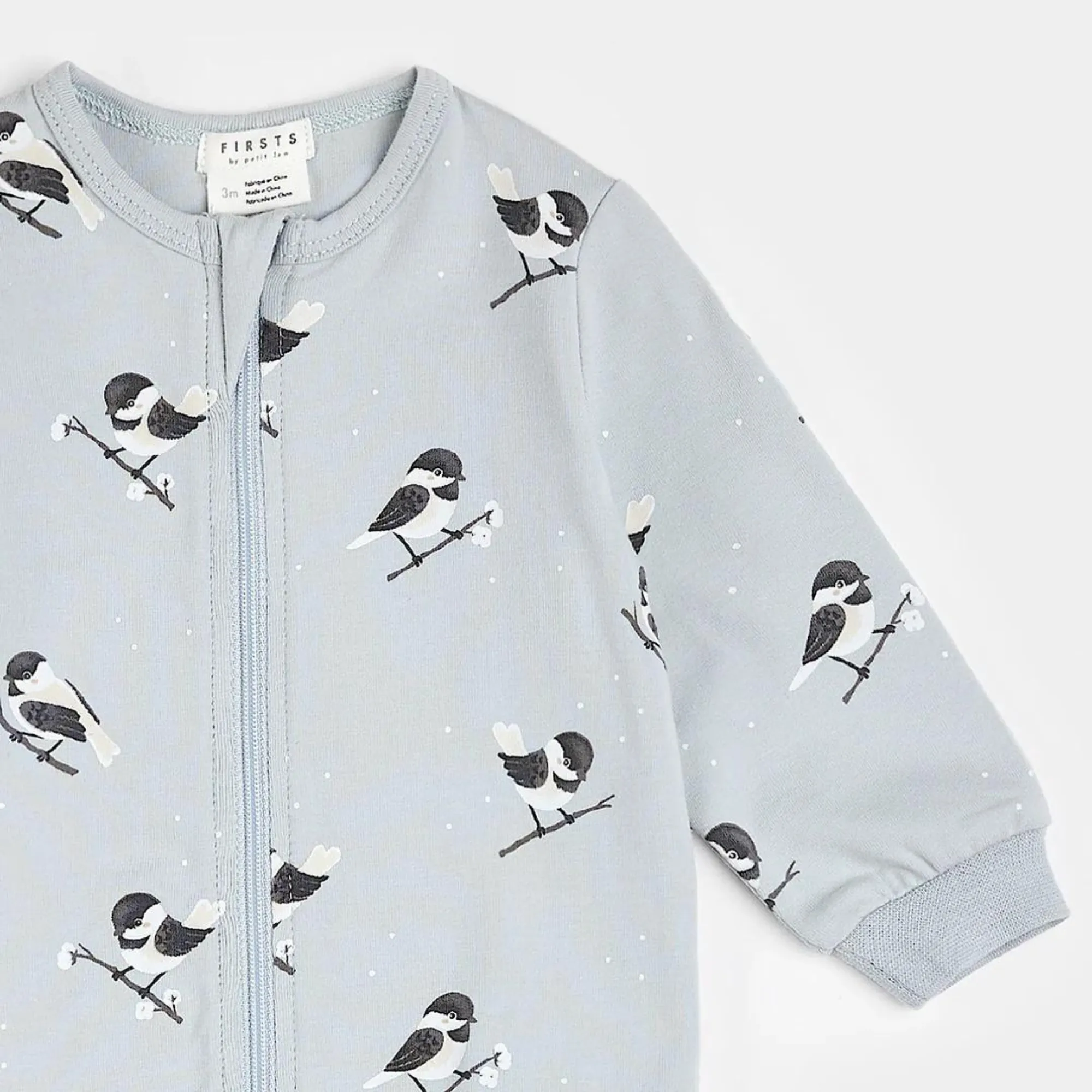 FIRSTS Chickadee Print on Pearl Blue Sleeper