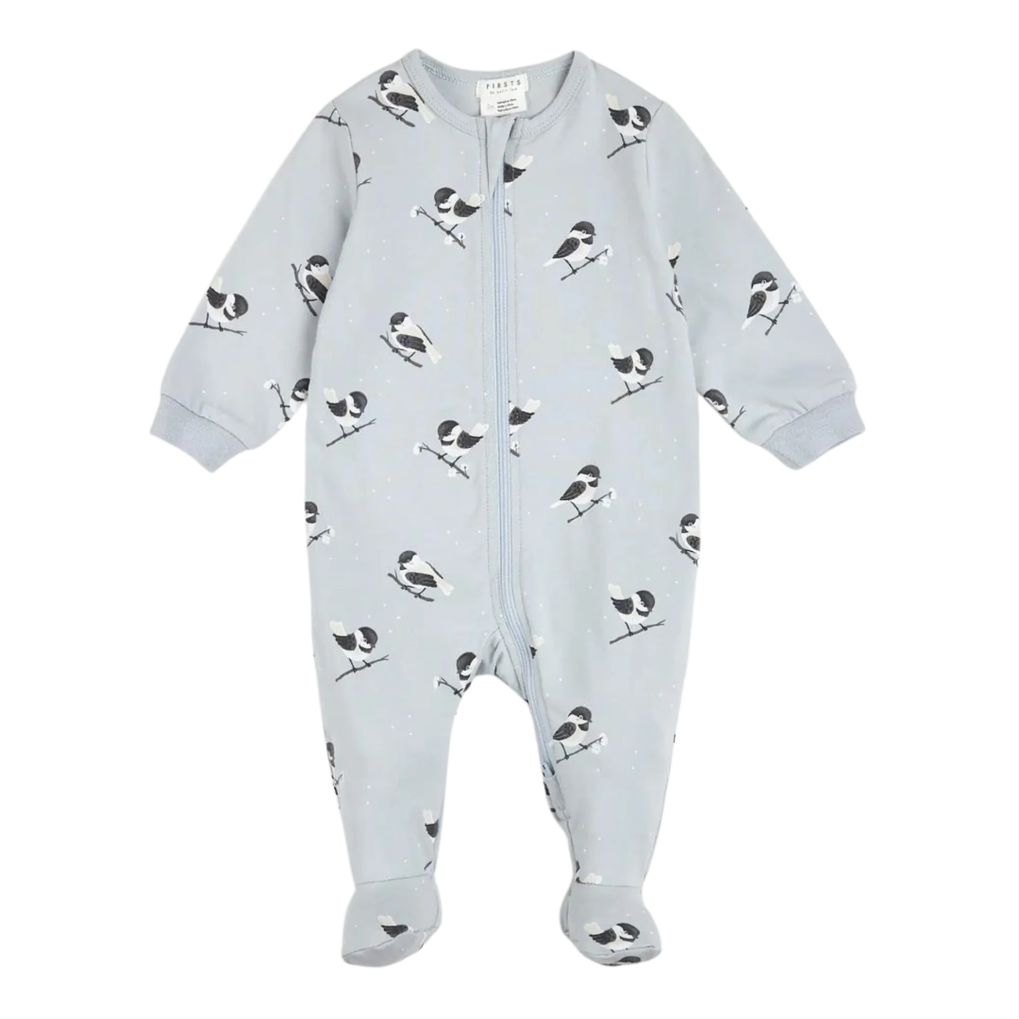 FIRSTS Chickadee Print on Pearl Blue Sleeper