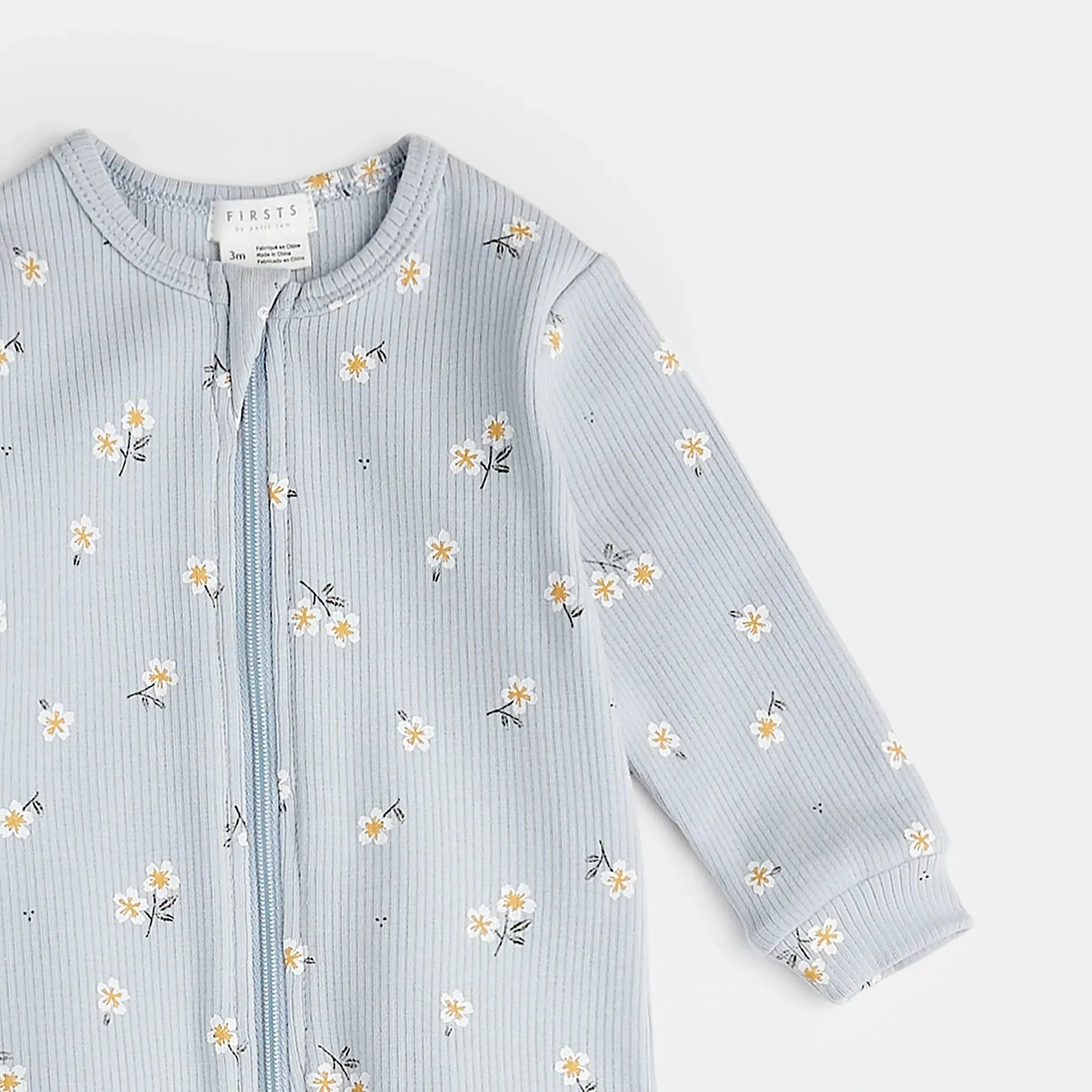 FIRSTS Daisy on Ribbed Light Blue Footed Sleeper