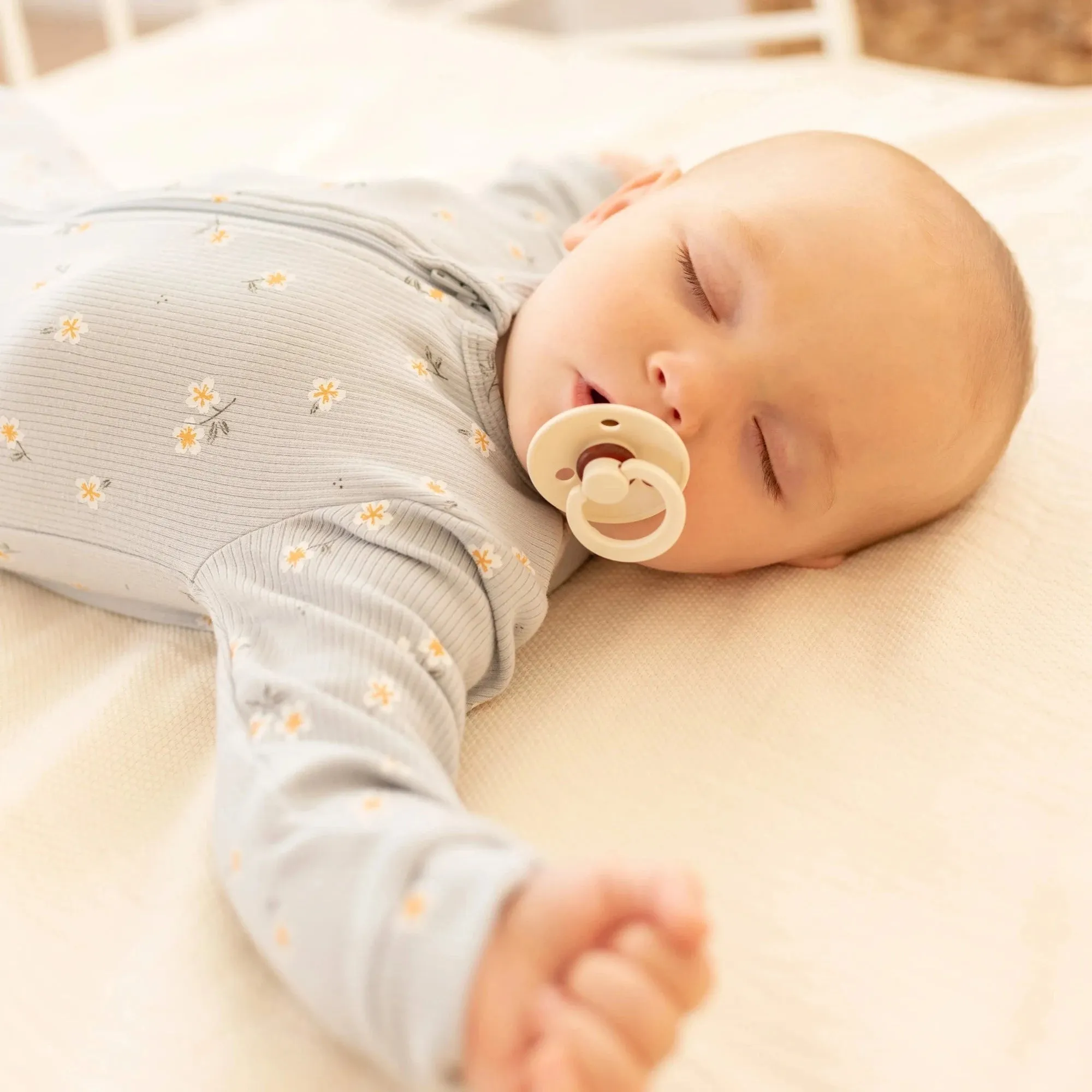 FIRSTS Daisy on Ribbed Light Blue Footed Sleeper
