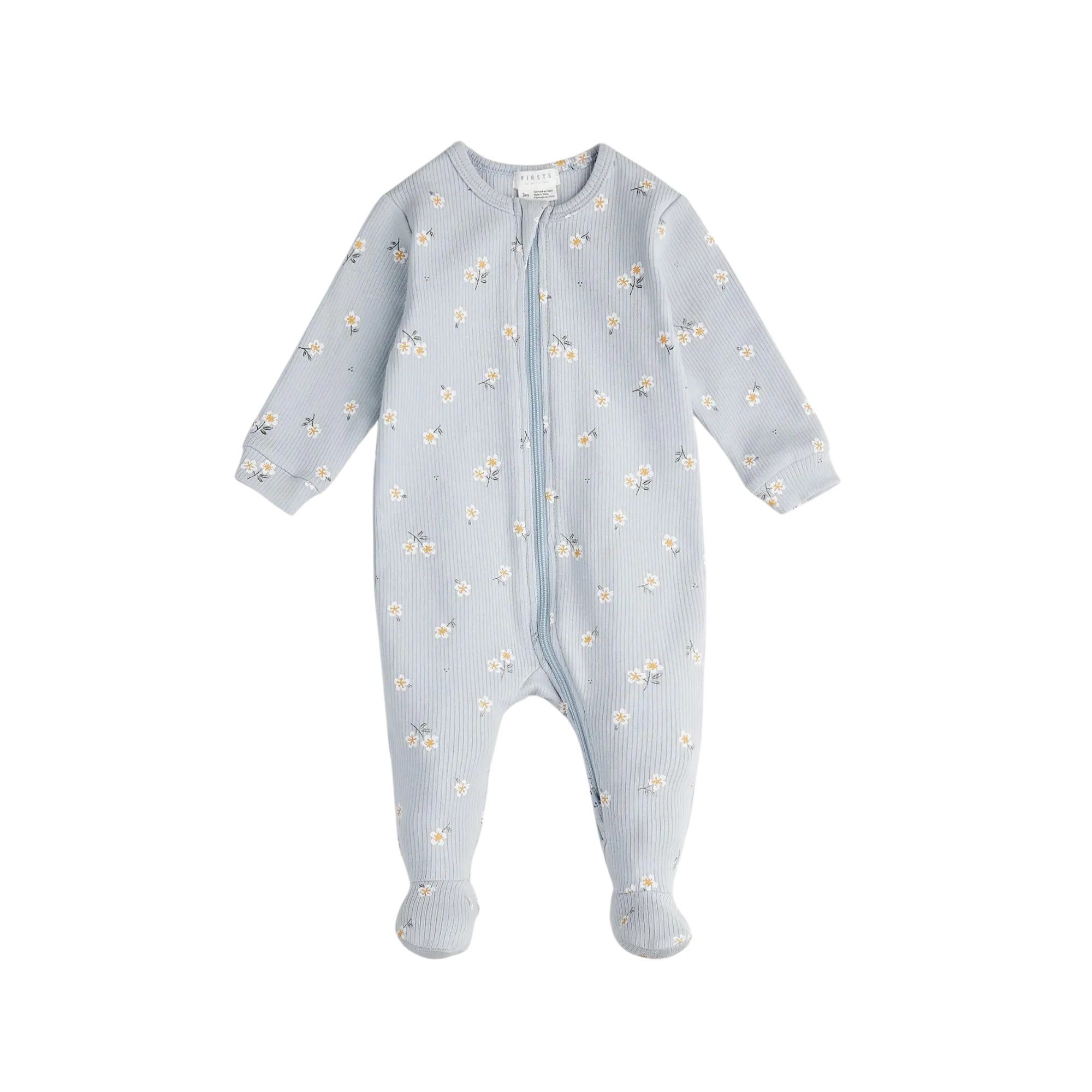 FIRSTS Daisy on Ribbed Light Blue Footed Sleeper