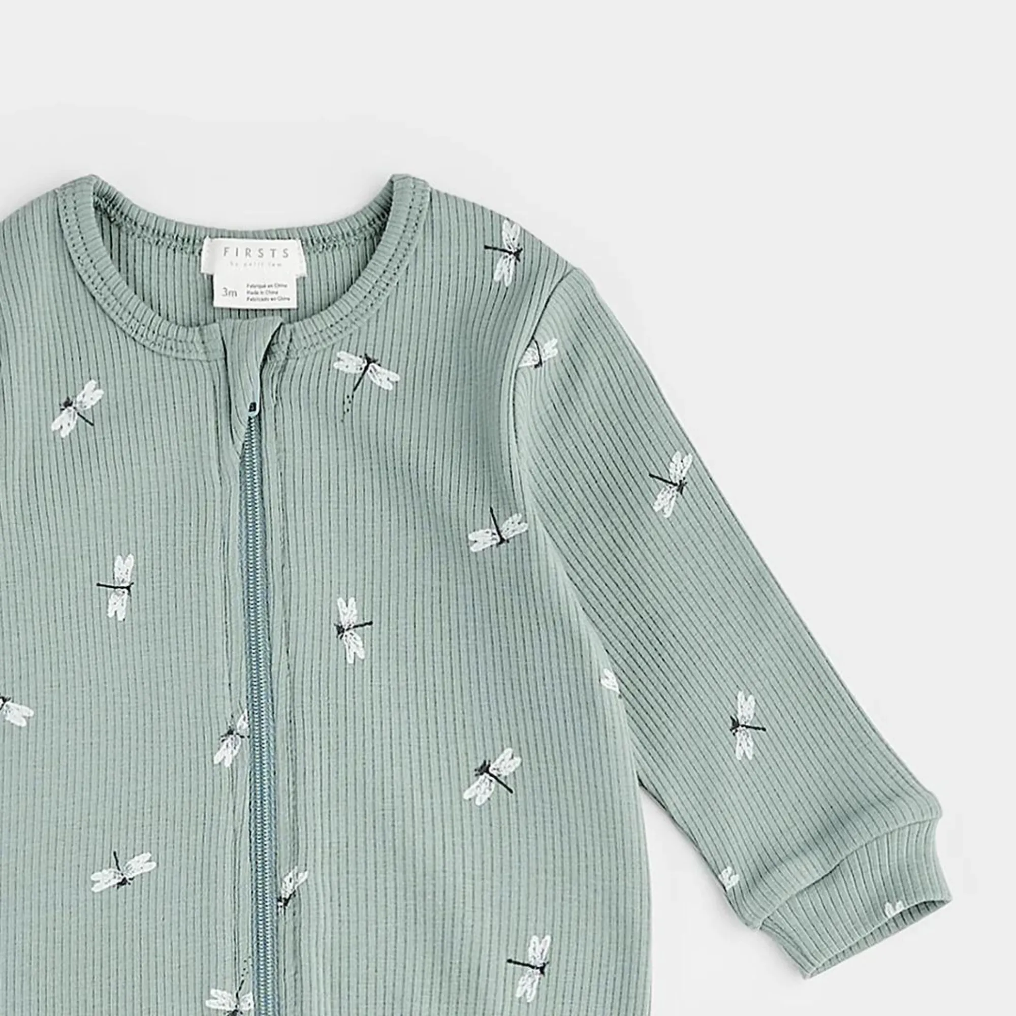 FIRSTS Dragonflies Print on Ribbed Silver Blue Footed Sleeper