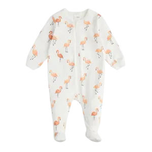 FIRSTS Flamingo Print on Off-White Footed Sleeper