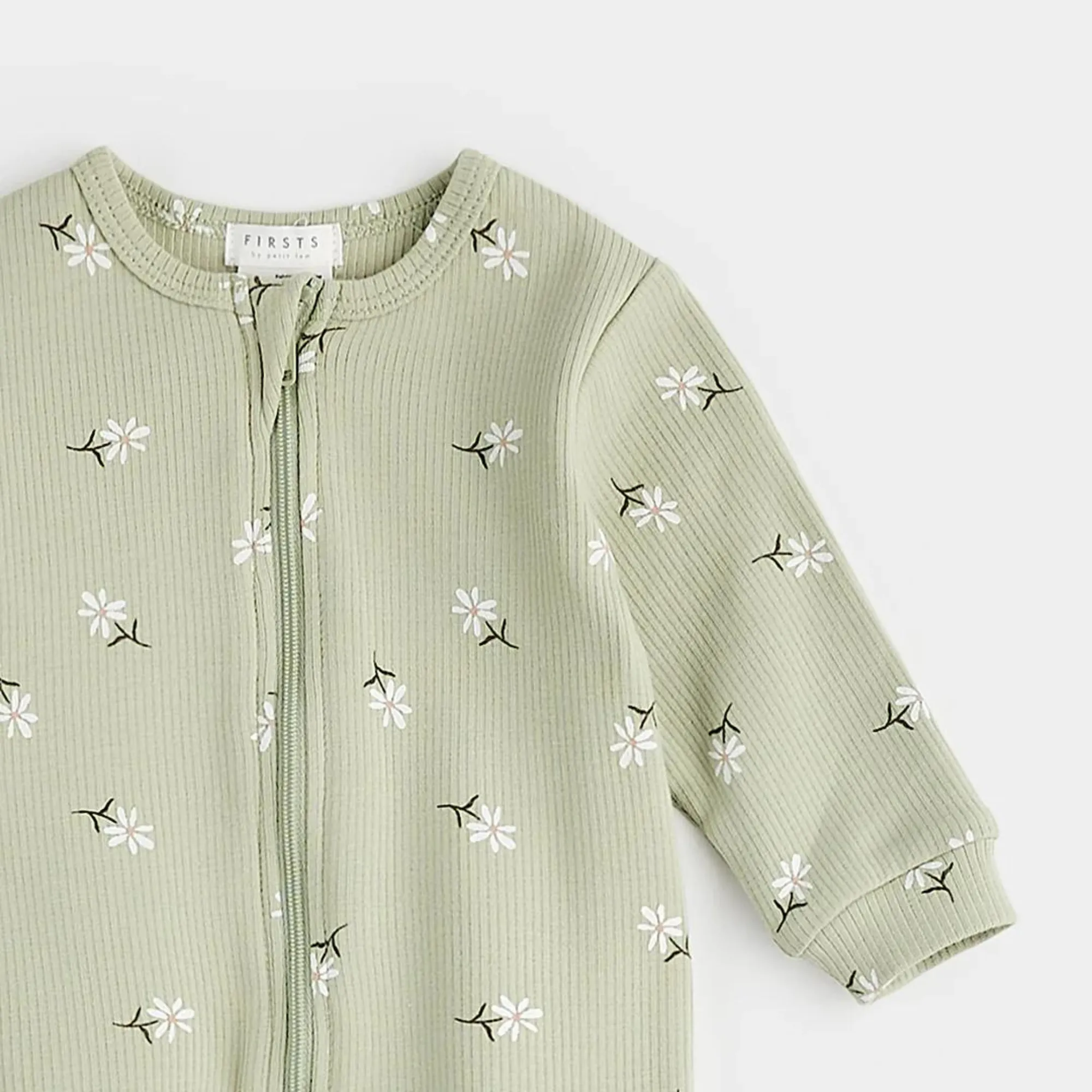 FIRSTS Flower Print on Ribbed Desert Sage Footed Sleeper