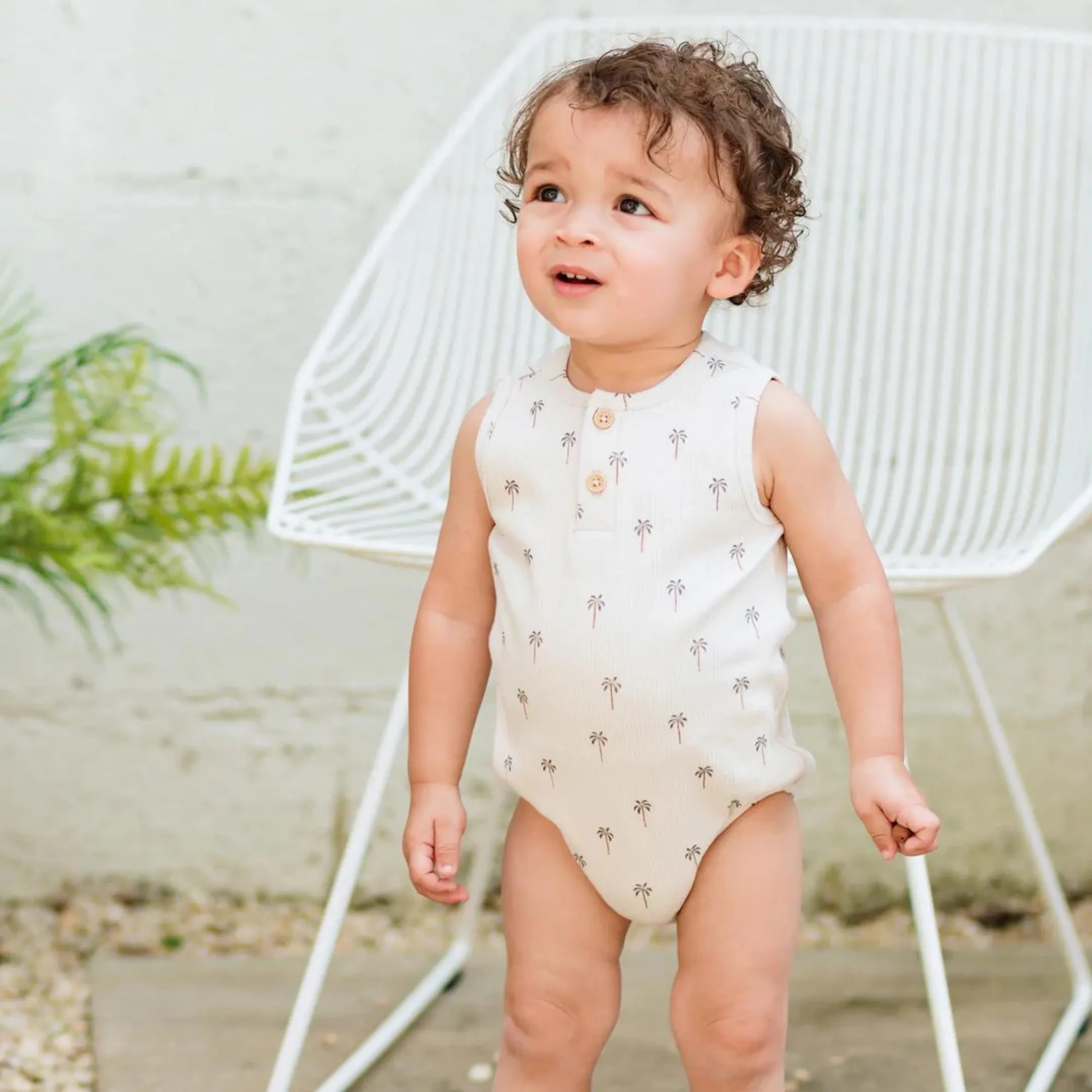 FIRSTS Palm Tree Print on Ribbed Light Taupe Bodysuit Romper