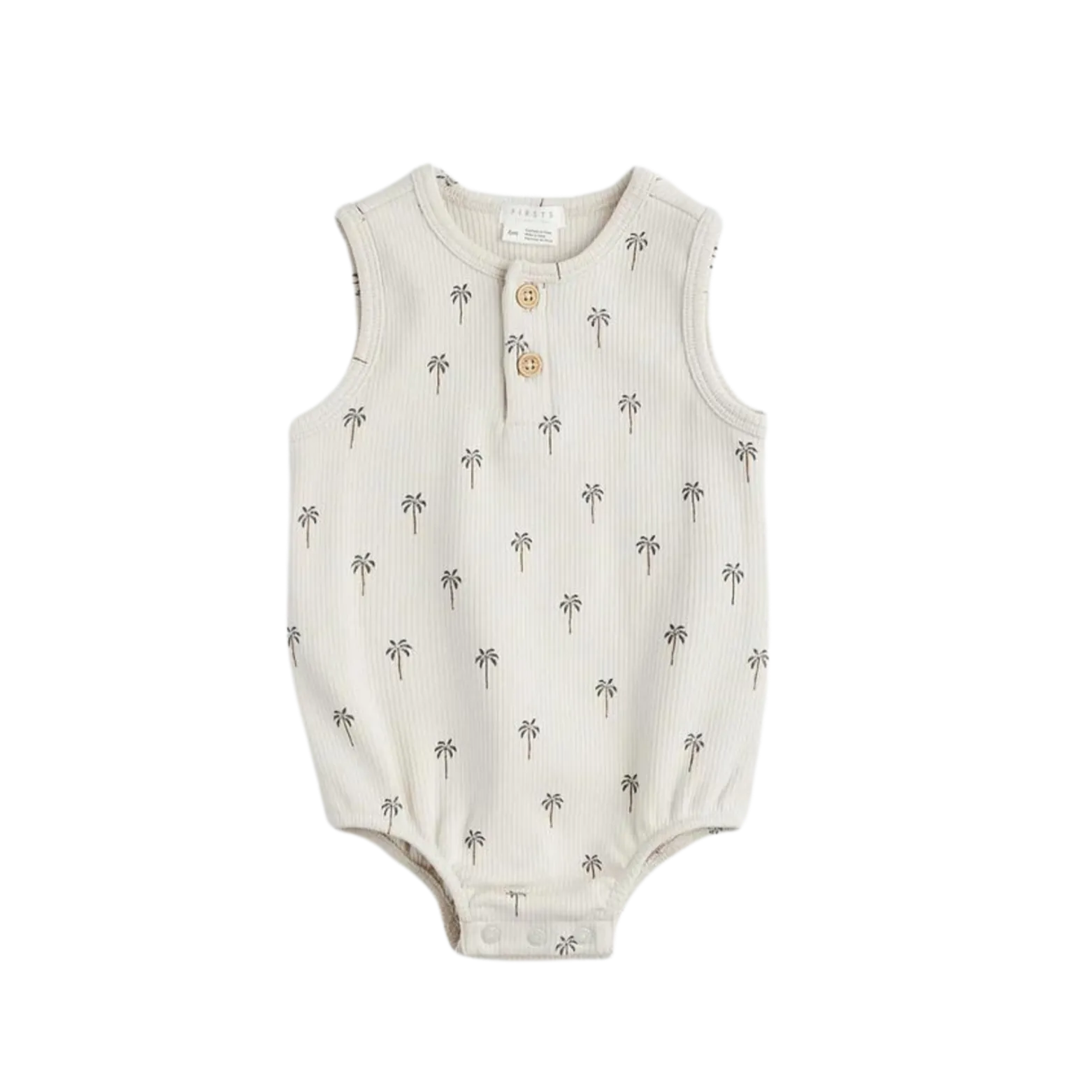 FIRSTS Palm Tree Print on Ribbed Light Taupe Bodysuit Romper