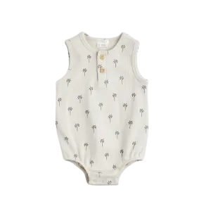 FIRSTS Palm Tree Print on Ribbed Light Taupe Bodysuit Romper