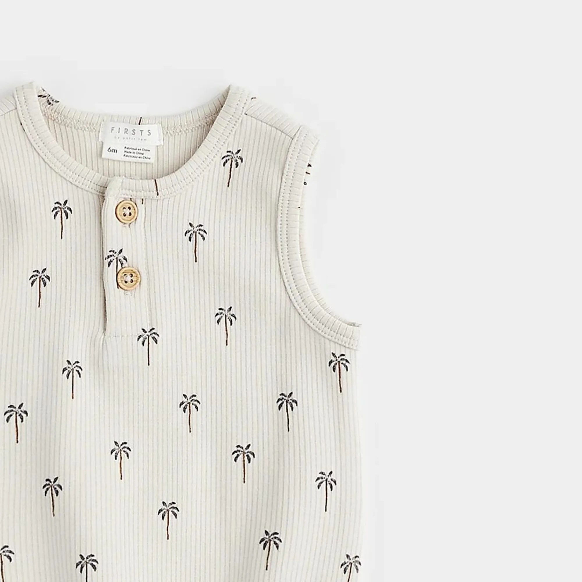 FIRSTS Palm Tree Print on Ribbed Light Taupe Bodysuit Romper