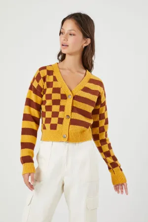 Forever 21 Knit Women's Striped & Checkered Cardigan Sweater Mustard/Multi Forever 21