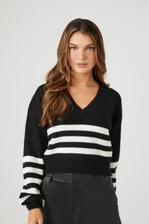 Forever 21 Knit Women's Striped V-Neck Sweater Black/White Forever 21