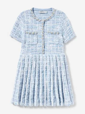 Girls Check Knit Dress in Blue