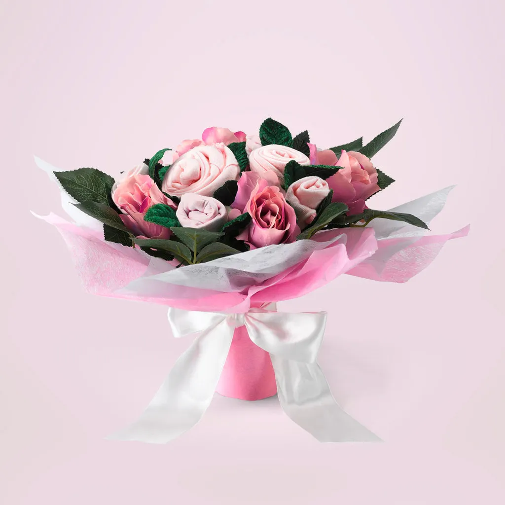 Hand Tied Baby Clothes Bouquet With Personalised Snuggle Wrap, Pink