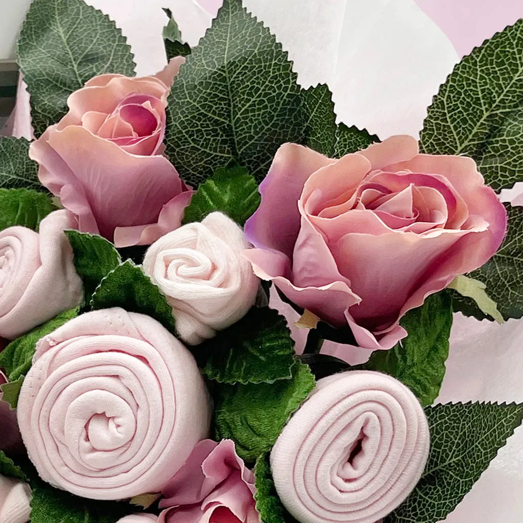 Hand Tied Baby Clothes Bouquet With Personalised Snuggle Wrap, Pink