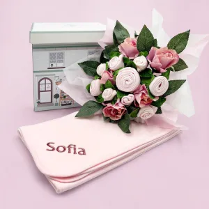 Hand Tied Baby Clothes Bouquet With Personalised Snuggle Wrap, Pink