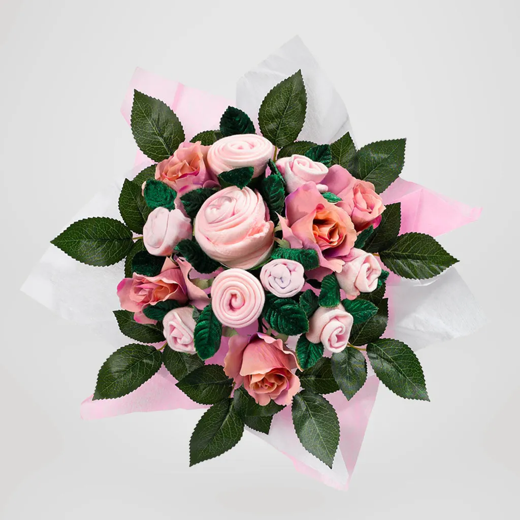 Hand Tied Baby Clothes Bouquet With Personalised Snuggle Wrap, Pink