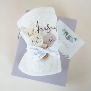 JBØRN Baby Gift Set | Knitted Blanket & Bunny Rattle Toy
