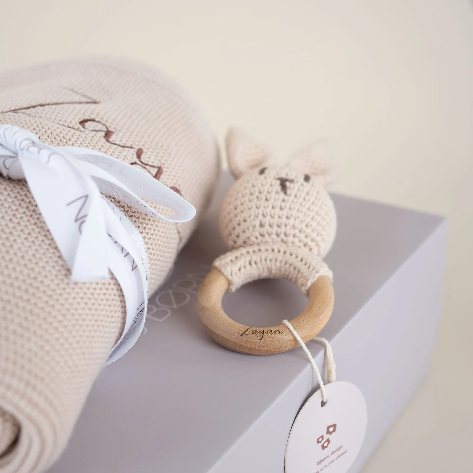 JBØRN Baby Gift Set | Knitted Blanket & Bunny Rattle Toy