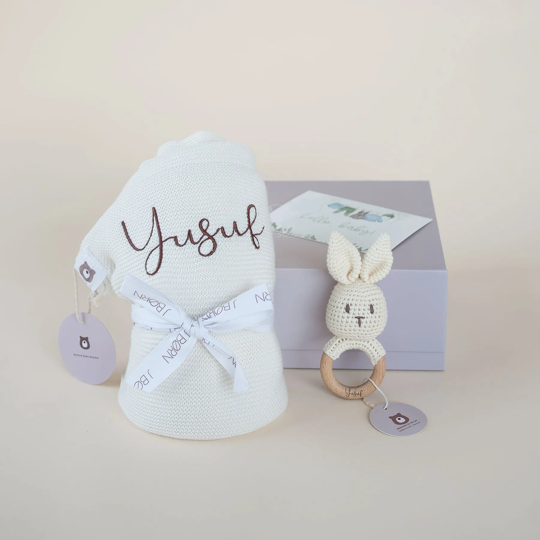 JBØRN Baby Gift Set | Knitted Blanket & Bunny Rattle Toy