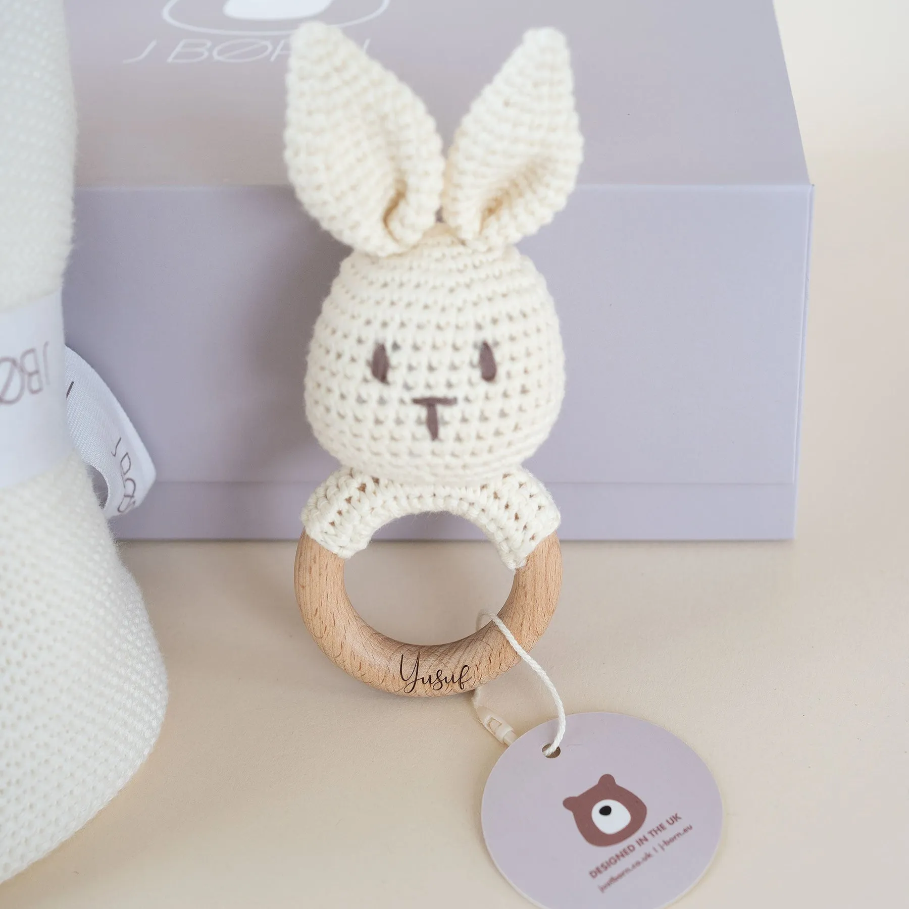 JBØRN Baby Gift Set | Knitted Blanket & Bunny Rattle Toy
