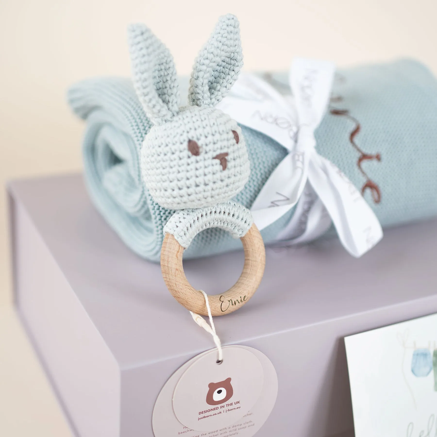 JBØRN Baby Gift Set | Knitted Blanket & Bunny Rattle Toy