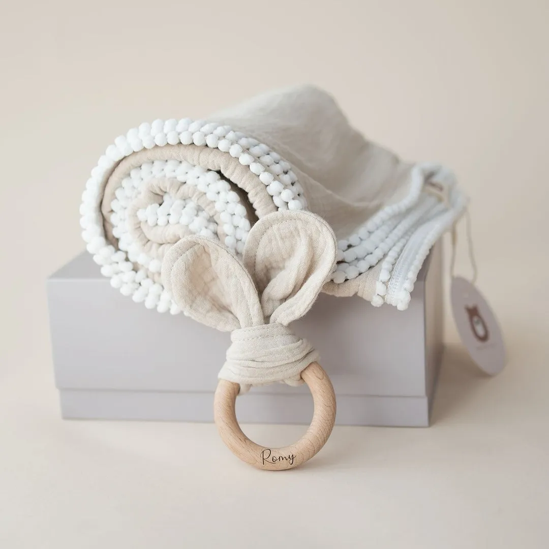 JBØRN Baby Gift Set | Organic Muslin Swaddle Blanket & Teether