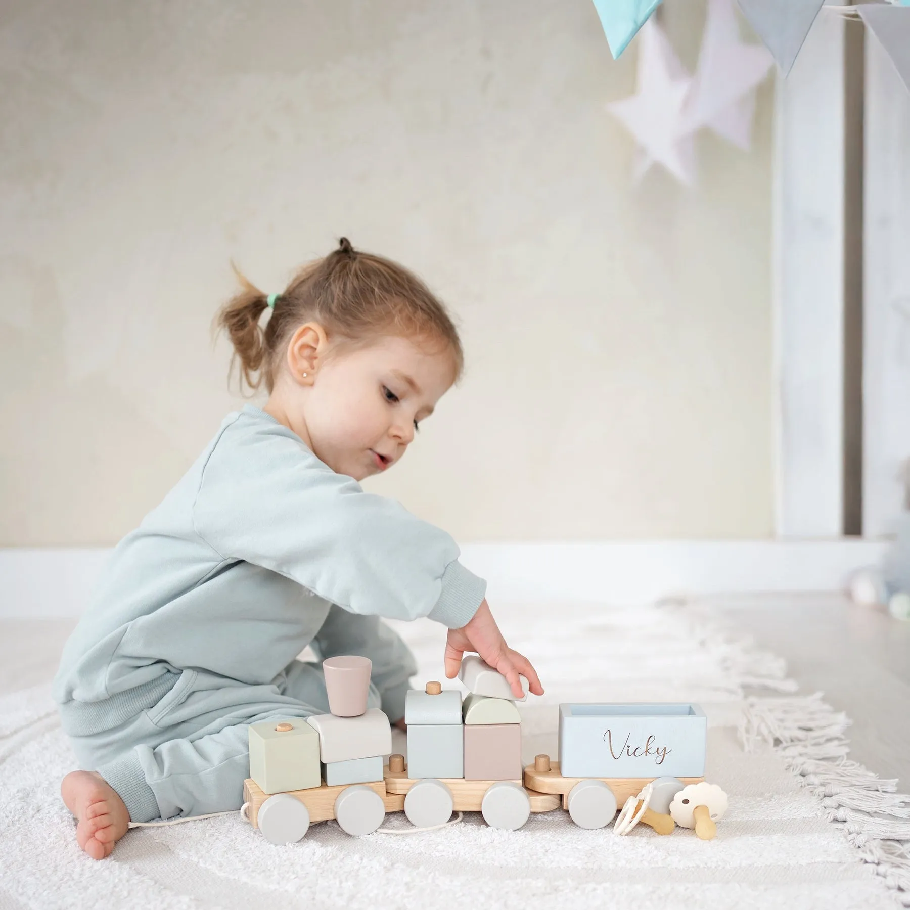 JBØRN Personalised Wooden Pull-Along Stacking Train Set