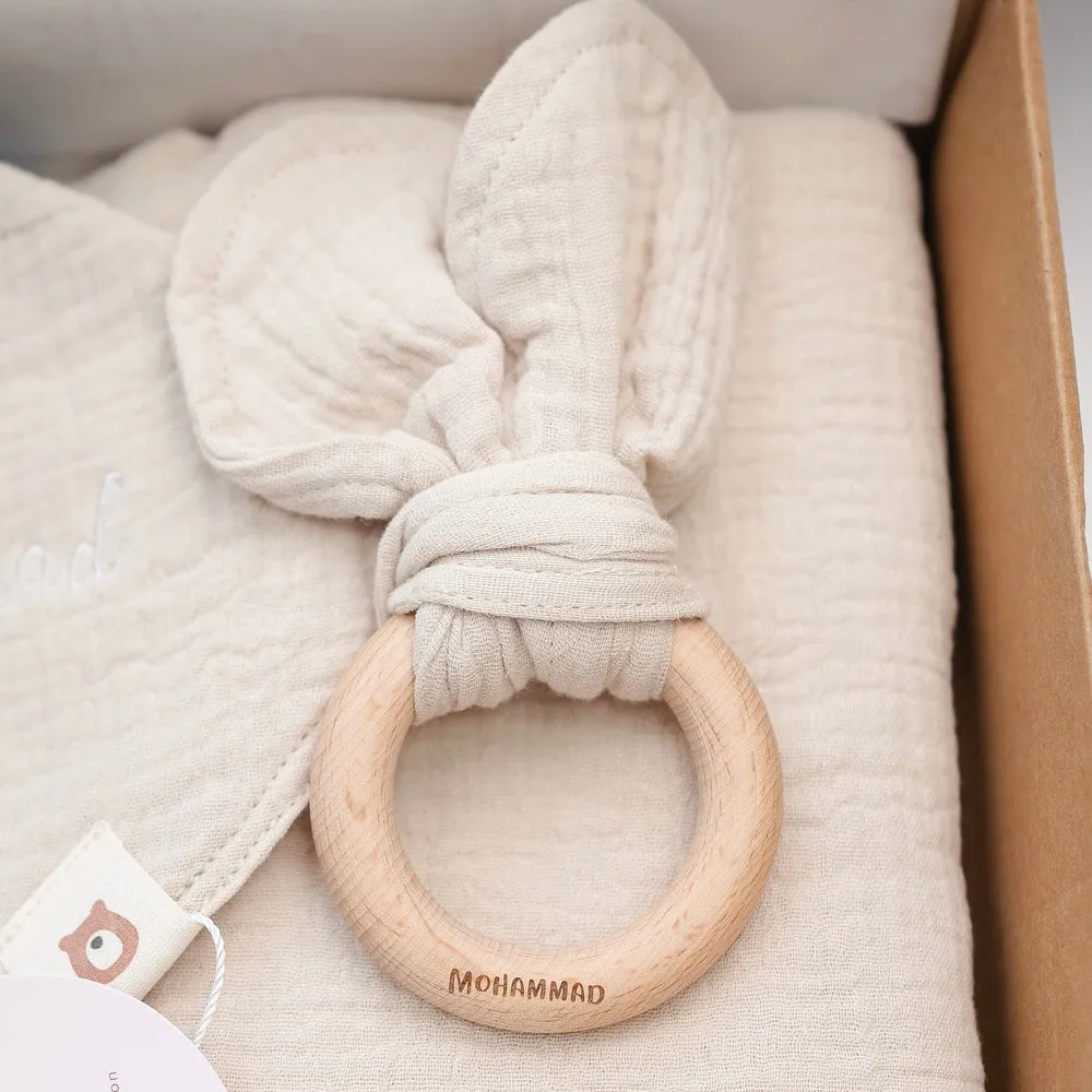 JBØRN Pop Pom Swaddle Organic Muslin Blanket & Teether Set