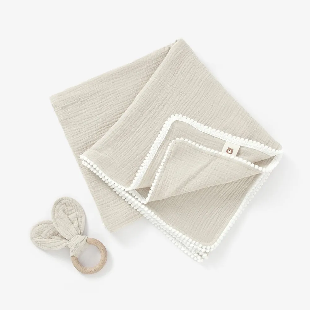 JBØRN Pop Pom Swaddle Organic Muslin Blanket & Teether Set