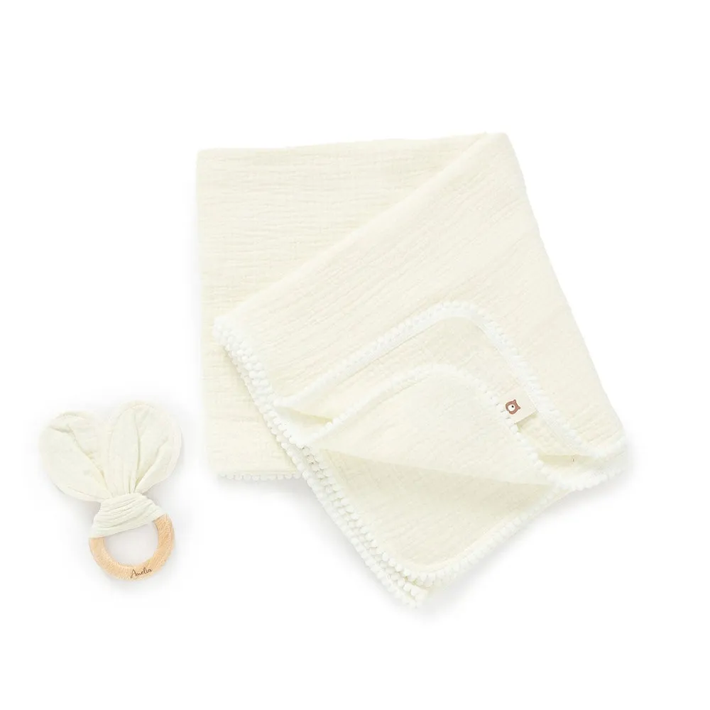 JBØRN Pop Pom Swaddle Organic Muslin Blanket & Teether Set