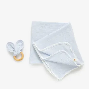 JBØRN Pop Pom Swaddle Organic Muslin Blanket & Teether Set