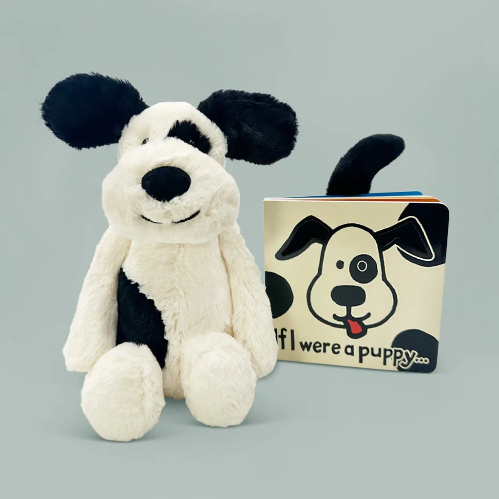 Jellycat Bashful Black and Cream Puppy Soft Toy with If I Were A Puppy Board Book