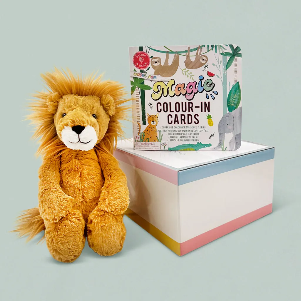 Jellycat Bashful Lion Soft Toy with Floss & Rock Magic Colour-In Cards, Jungle