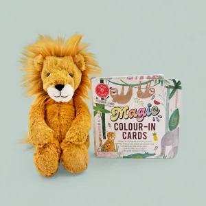 Jellycat Bashful Lion Soft Toy with Floss & Rock Magic Colour-In Cards, Jungle