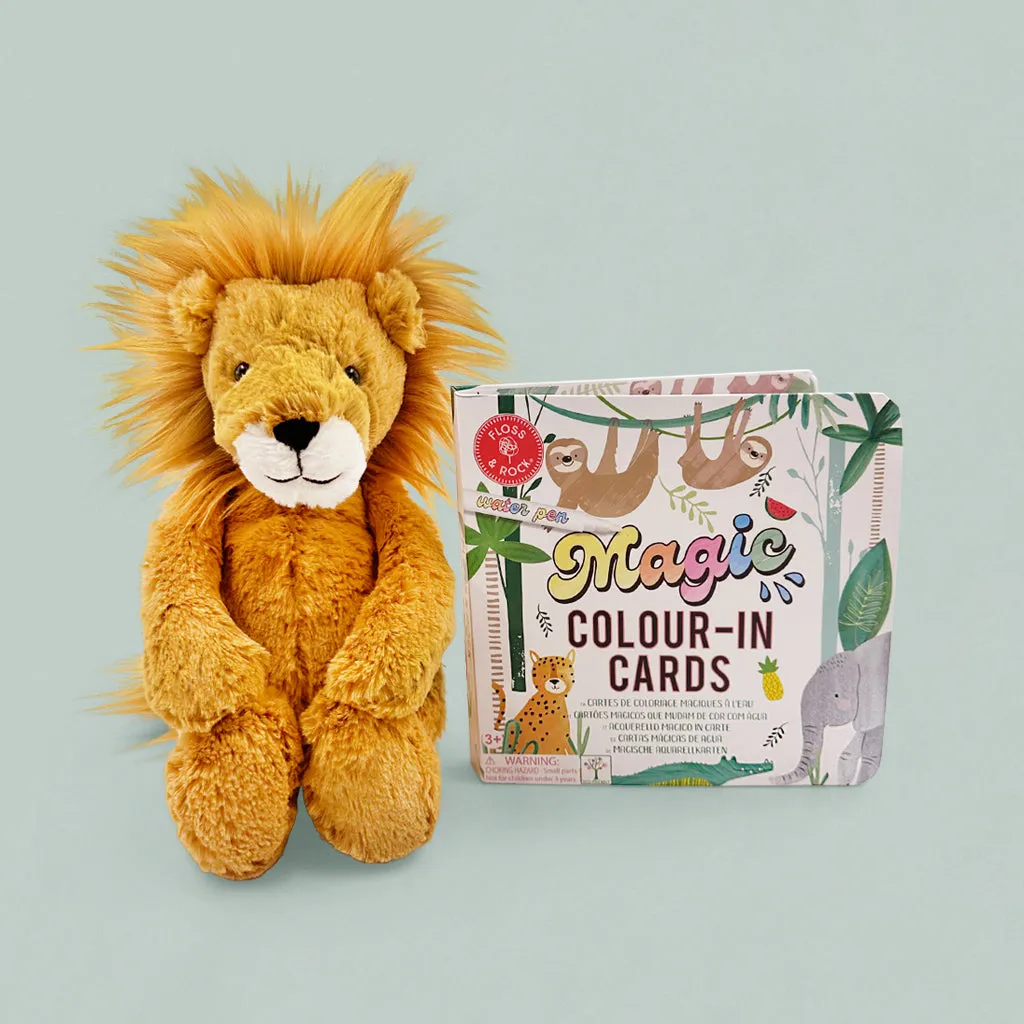Jellycat Bashful Lion Soft Toy with Floss & Rock Magic Colour-In Cards, Jungle