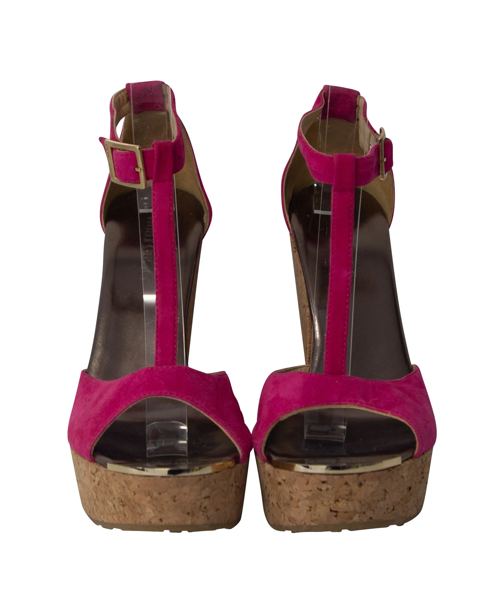 Jimmy Choo T-Bar Peep Toe Wedge in Pink Suede